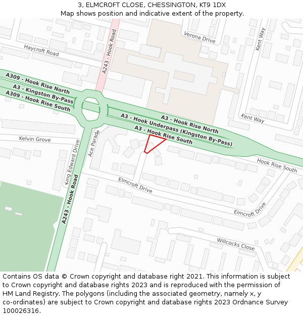 3, ELMCROFT CLOSE, CHESSINGTON, KT9 1DX: Location map and indicative extent of plot