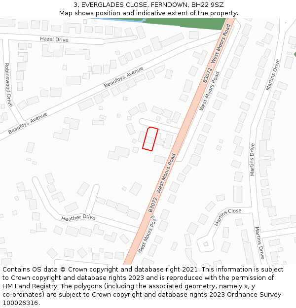 3, EVERGLADES CLOSE, FERNDOWN, BH22 9SZ: Location map and indicative extent of plot