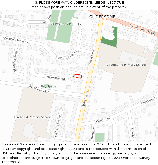 3, FLOSSMORE WAY, GILDERSOME, LEEDS, LS27 7UE: Location map and indicative extent of plot