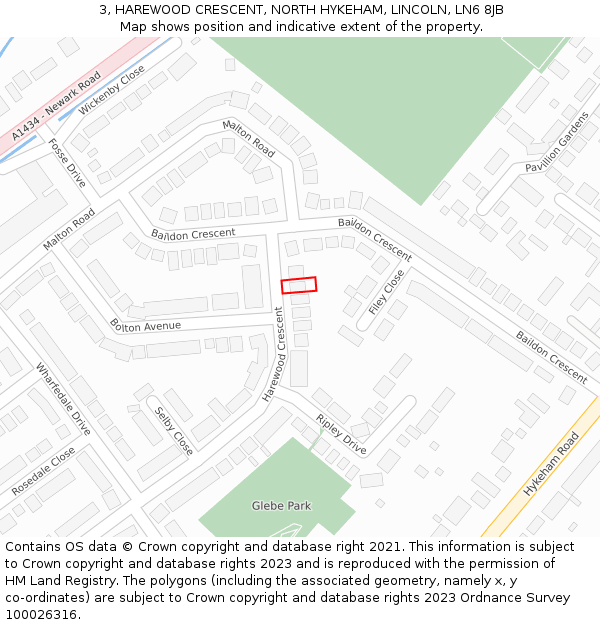 3, HAREWOOD CRESCENT, NORTH HYKEHAM, LINCOLN, LN6 8JB: Location map and indicative extent of plot