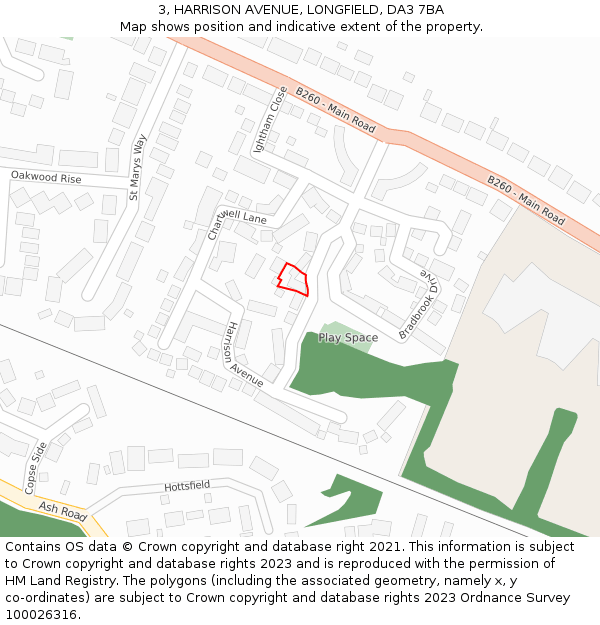 3, HARRISON AVENUE, LONGFIELD, DA3 7BA: Location map and indicative extent of plot