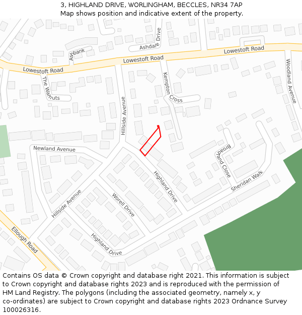 3, HIGHLAND DRIVE, WORLINGHAM, BECCLES, NR34 7AP: Location map and indicative extent of plot