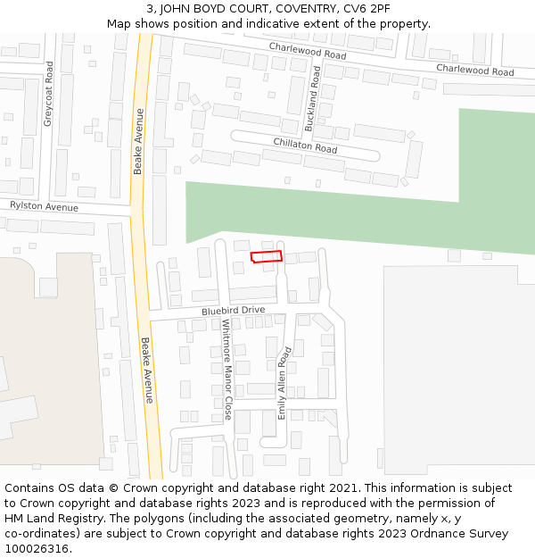 3, JOHN BOYD COURT, COVENTRY, CV6 2PF: Location map and indicative extent of plot