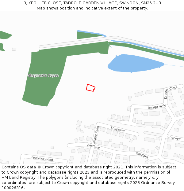 3, KEOHLER CLOSE, TADPOLE GARDEN VILLAGE, SWINDON, SN25 2UR: Location map and indicative extent of plot