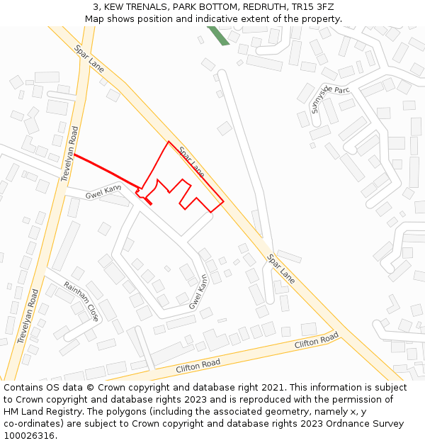 3, KEW TRENALS, PARK BOTTOM, REDRUTH, TR15 3FZ: Location map and indicative extent of plot