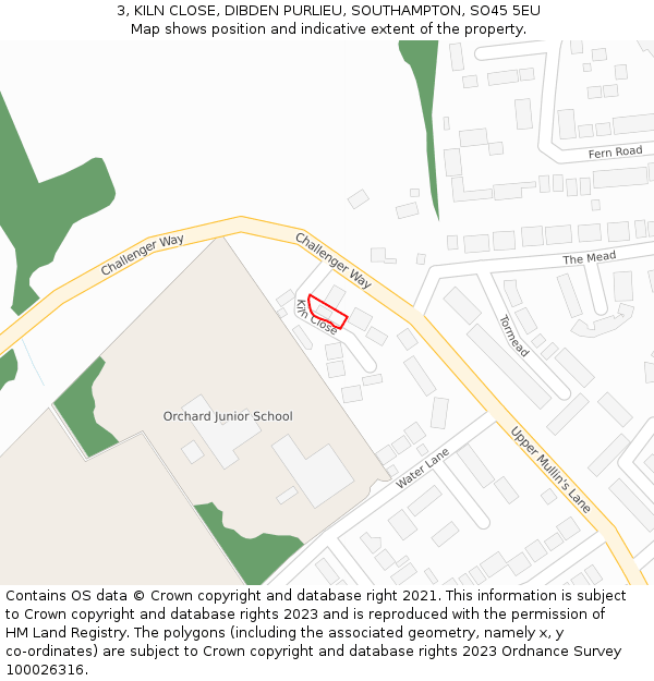 3, KILN CLOSE, DIBDEN PURLIEU, SOUTHAMPTON, SO45 5EU: Location map and indicative extent of plot