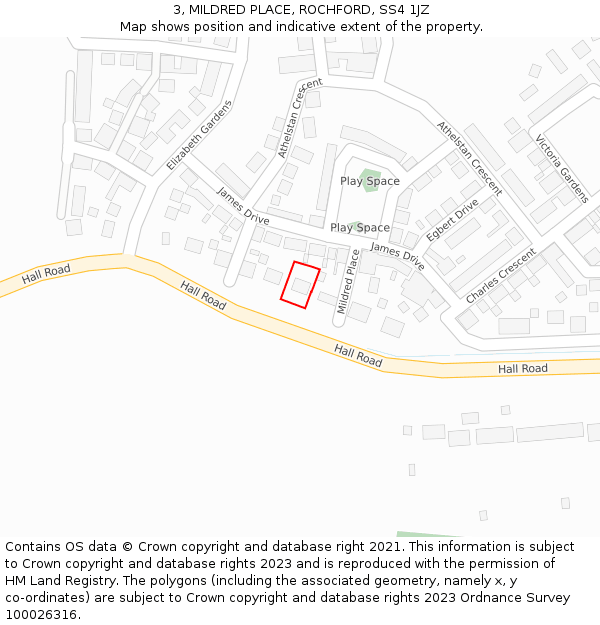 3, MILDRED PLACE, ROCHFORD, SS4 1JZ: Location map and indicative extent of plot