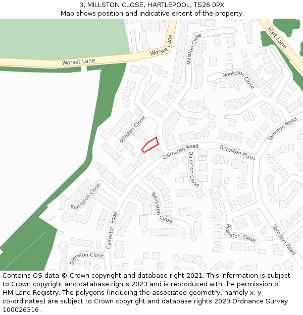 3, MILLSTON CLOSE, HARTLEPOOL, TS26 0PX: Location map and indicative extent of plot