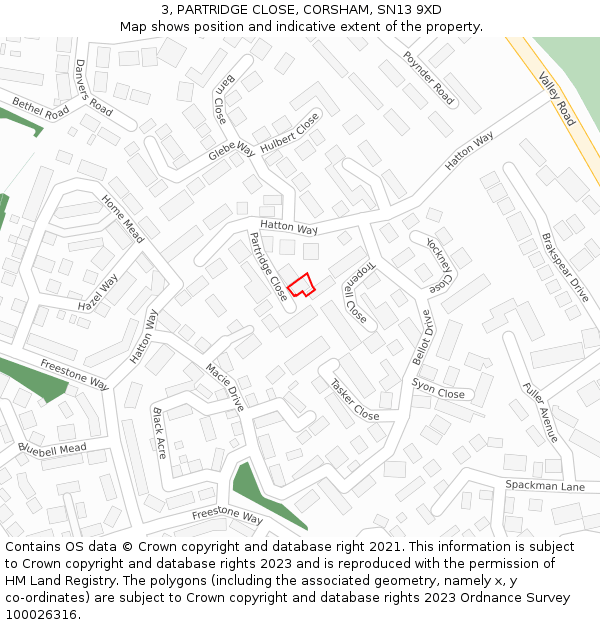 3, PARTRIDGE CLOSE, CORSHAM, SN13 9XD: Location map and indicative extent of plot