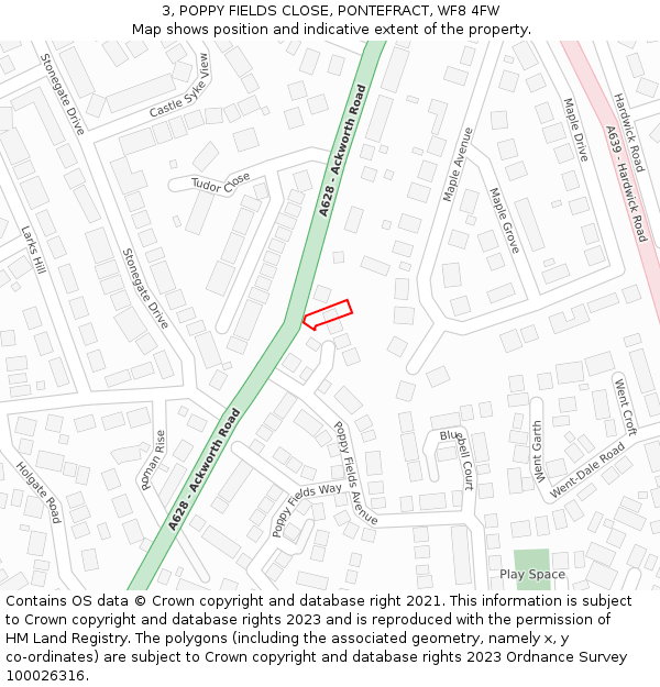 3, POPPY FIELDS CLOSE, PONTEFRACT, WF8 4FW: Location map and indicative extent of plot