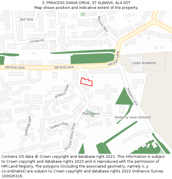 3, PRINCESS DIANA DRIVE, ST ALBANS, AL4 0DT: Location map and indicative extent of plot