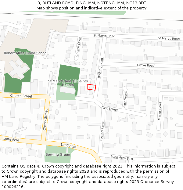 3, RUTLAND ROAD, BINGHAM, NOTTINGHAM, NG13 8DT: Location map and indicative extent of plot