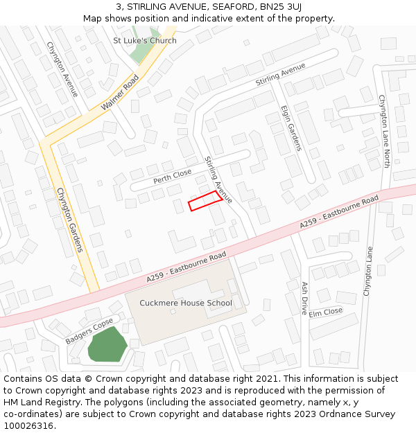 3, STIRLING AVENUE, SEAFORD, BN25 3UJ: Location map and indicative extent of plot