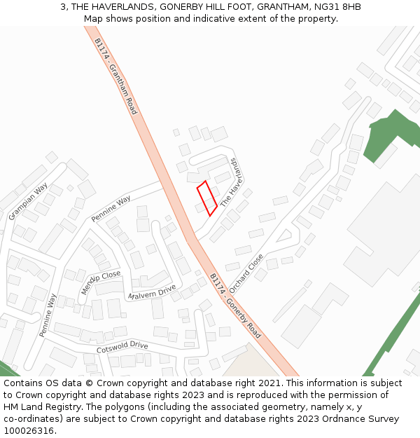 3, THE HAVERLANDS, GONERBY HILL FOOT, GRANTHAM, NG31 8HB: Location map and indicative extent of plot