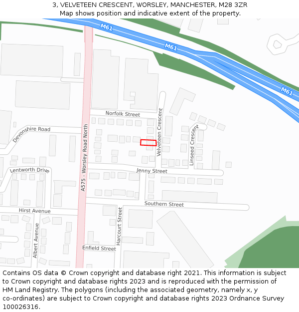 3, VELVETEEN CRESCENT, WORSLEY, MANCHESTER, M28 3ZR: Location map and indicative extent of plot