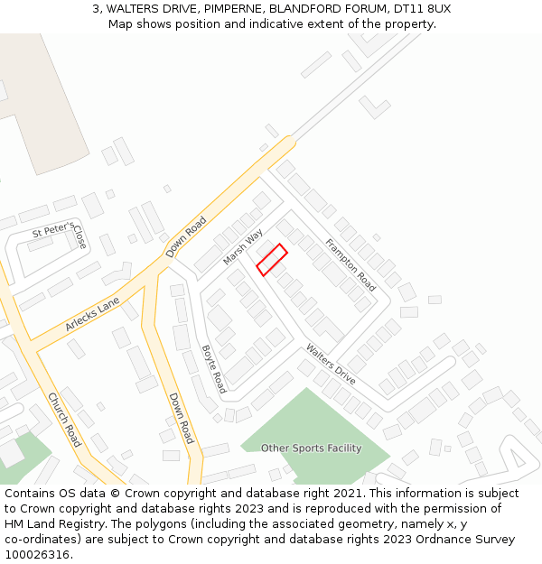 3, WALTERS DRIVE, PIMPERNE, BLANDFORD FORUM, DT11 8UX: Location map and indicative extent of plot