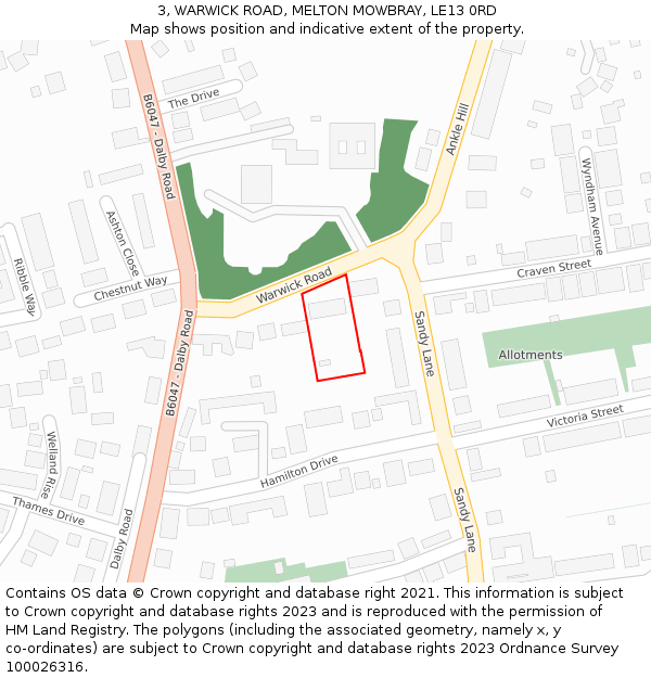 3, WARWICK ROAD, MELTON MOWBRAY, LE13 0RD: Location map and indicative extent of plot