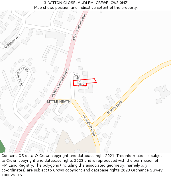 3, WITTON CLOSE, AUDLEM, CREWE, CW3 0HZ: Location map and indicative extent of plot