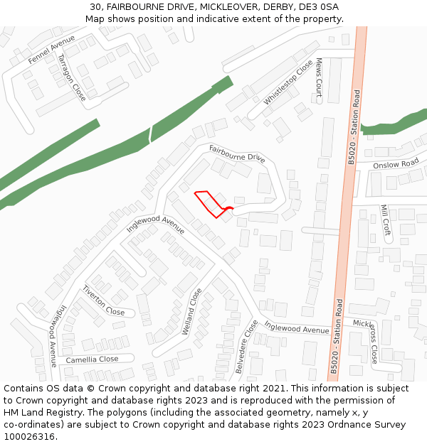 30, FAIRBOURNE DRIVE, MICKLEOVER, DERBY, DE3 0SA: Location map and indicative extent of plot