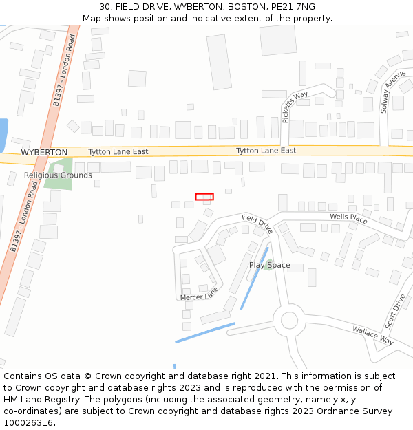 30, FIELD DRIVE, WYBERTON, BOSTON, PE21 7NG: Location map and indicative extent of plot