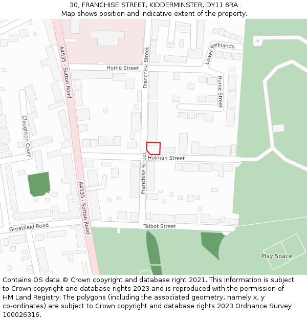 30, FRANCHISE STREET, KIDDERMINSTER, DY11 6RA: Location map and indicative extent of plot