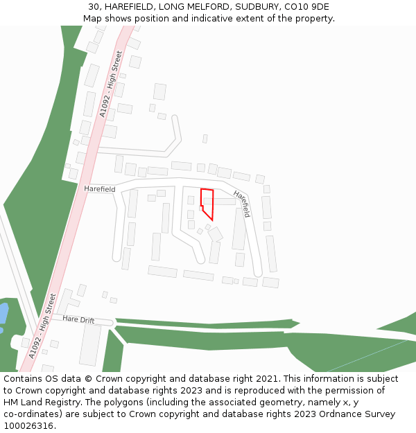 30, HAREFIELD, LONG MELFORD, SUDBURY, CO10 9DE: Location map and indicative extent of plot