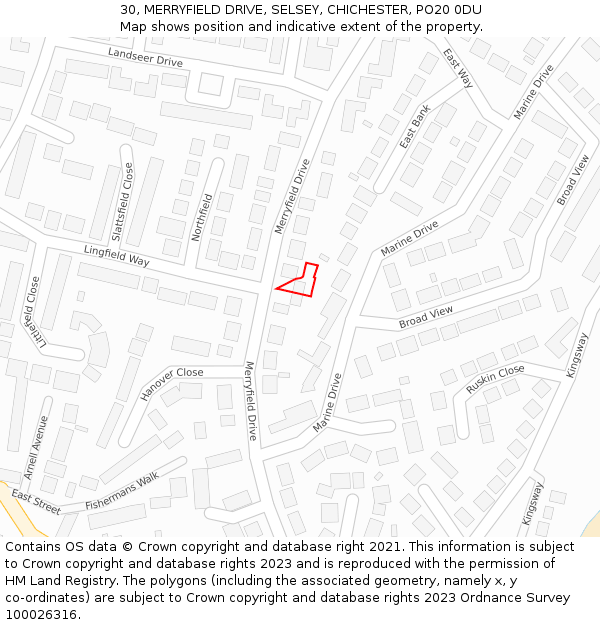 30, MERRYFIELD DRIVE, SELSEY, CHICHESTER, PO20 0DU: Location map and indicative extent of plot