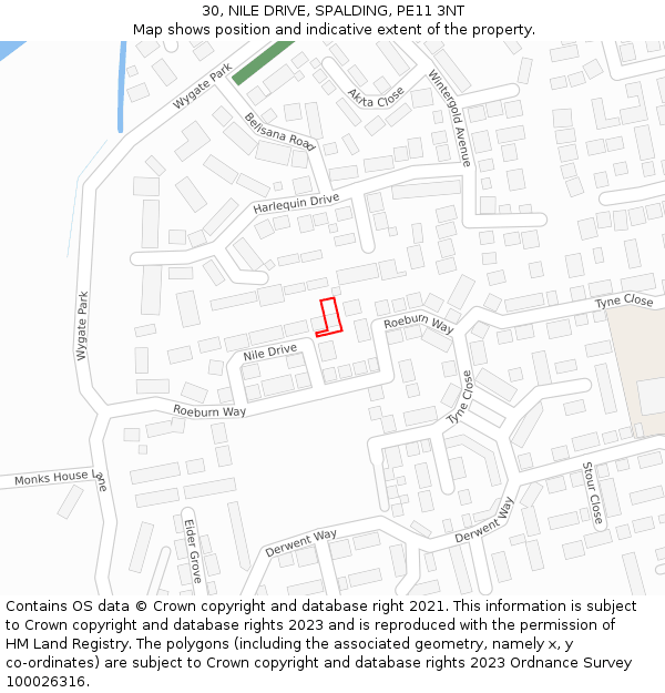 30, NILE DRIVE, SPALDING, PE11 3NT: Location map and indicative extent of plot