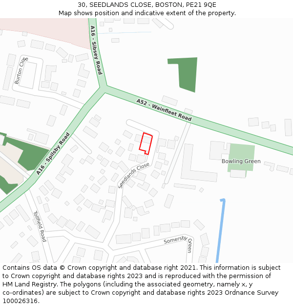 30, SEEDLANDS CLOSE, BOSTON, PE21 9QE: Location map and indicative extent of plot