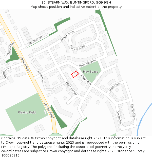 30, STEARN WAY, BUNTINGFORD, SG9 9GH: Location map and indicative extent of plot