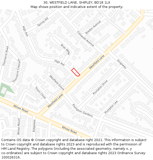 30, WESTFIELD LANE, SHIPLEY, BD18 1LX: Location map and indicative extent of plot