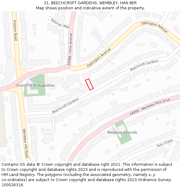 31, BEECHCROFT GARDENS, WEMBLEY, HA9 8ER: Location map and indicative extent of plot