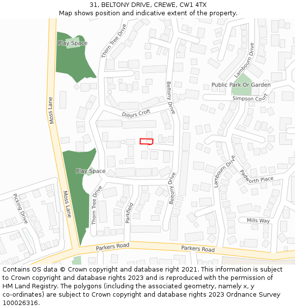 31, BELTONY DRIVE, CREWE, CW1 4TX: Location map and indicative extent of plot