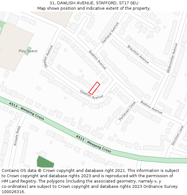 31, DAWLISH AVENUE, STAFFORD, ST17 0EU: Location map and indicative extent of plot