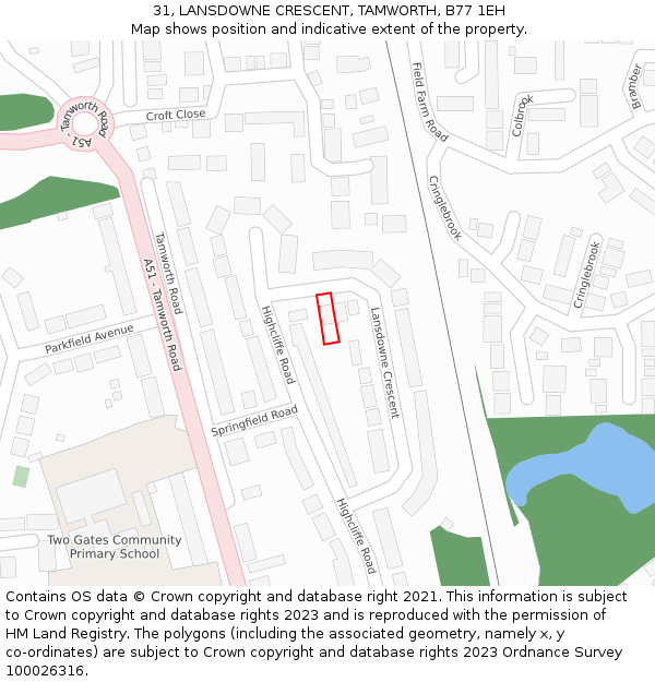 31, LANSDOWNE CRESCENT, TAMWORTH, B77 1EH: Location map and indicative extent of plot