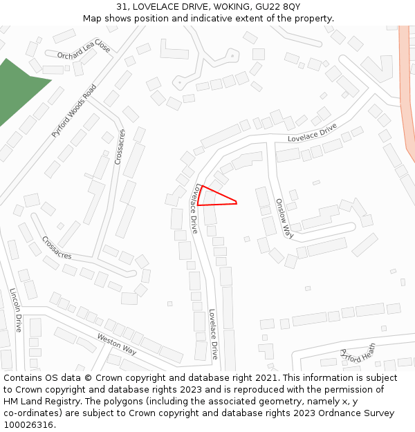 31, LOVELACE DRIVE, WOKING, GU22 8QY: Location map and indicative extent of plot