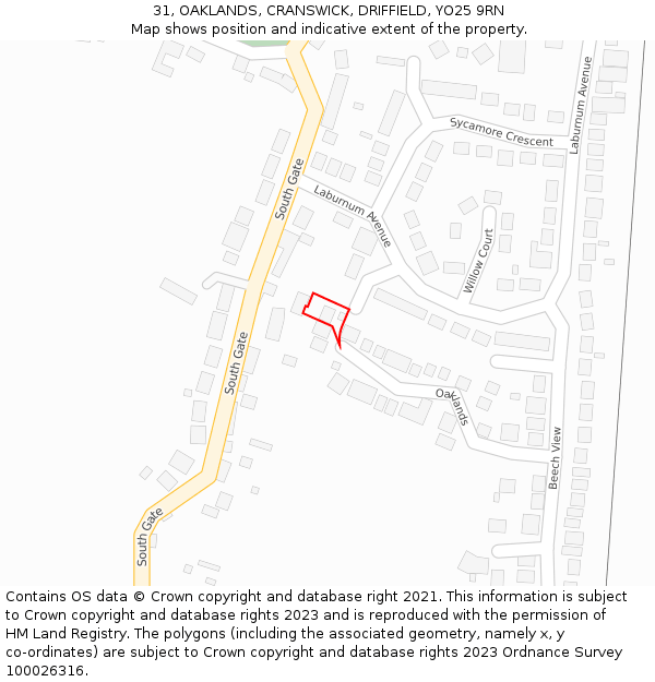 31, OAKLANDS, CRANSWICK, DRIFFIELD, YO25 9RN: Location map and indicative extent of plot