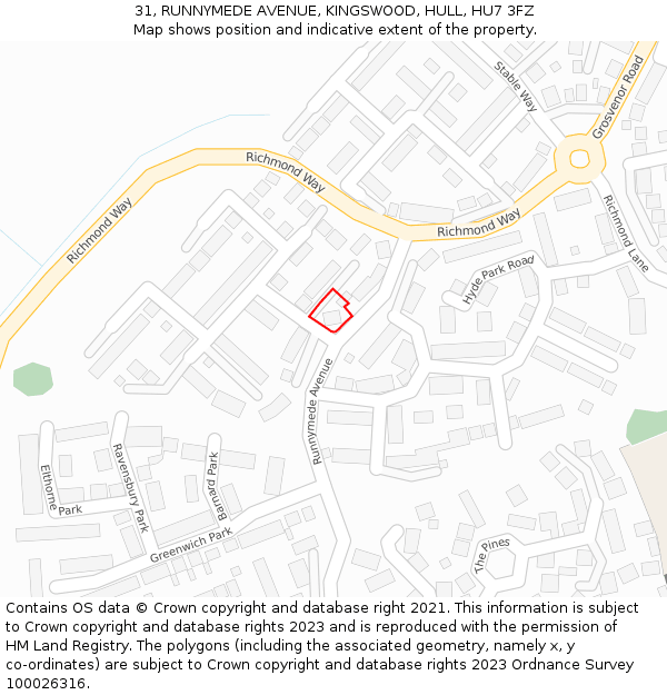 31, RUNNYMEDE AVENUE, KINGSWOOD, HULL, HU7 3FZ: Location map and indicative extent of plot