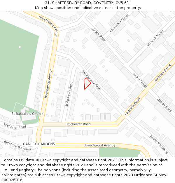 31, SHAFTESBURY ROAD, COVENTRY, CV5 6FL: Location map and indicative extent of plot