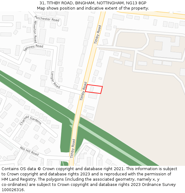 31, TITHBY ROAD, BINGHAM, NOTTINGHAM, NG13 8GP: Location map and indicative extent of plot