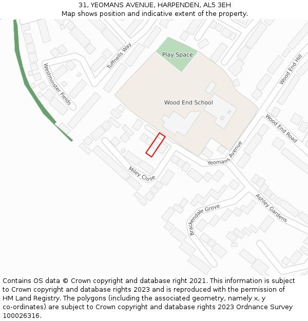 31, YEOMANS AVENUE, HARPENDEN, AL5 3EH: Location map and indicative extent of plot