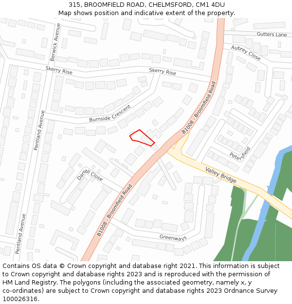 315, BROOMFIELD ROAD, CHELMSFORD, CM1 4DU: Location map and indicative extent of plot