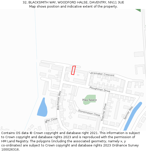 32, BLACKSMITH WAY, WOODFORD HALSE, DAVENTRY, NN11 3UE: Location map and indicative extent of plot