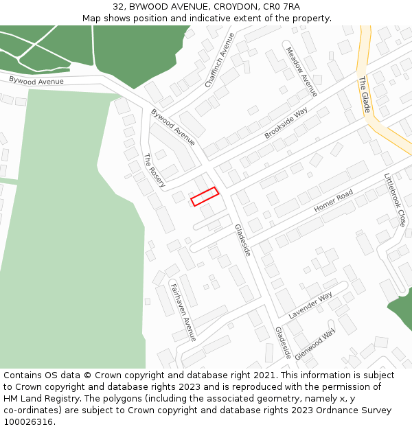 32, BYWOOD AVENUE, CROYDON, CR0 7RA: Location map and indicative extent of plot