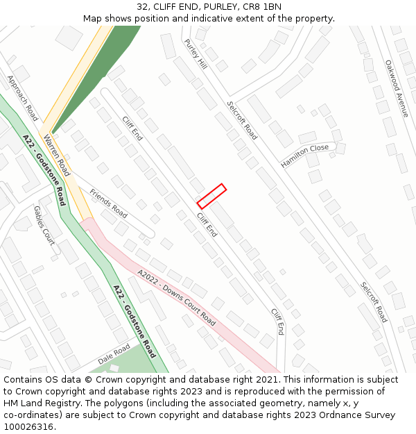 32, CLIFF END, PURLEY, CR8 1BN: Location map and indicative extent of plot