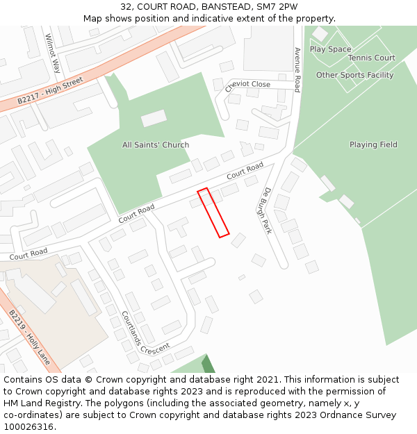 32, COURT ROAD, BANSTEAD, SM7 2PW: Location map and indicative extent of plot