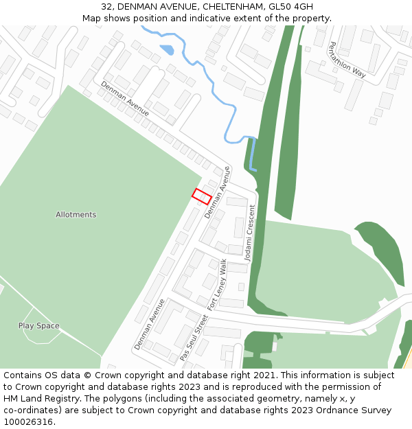 32, DENMAN AVENUE, CHELTENHAM, GL50 4GH: Location map and indicative extent of plot