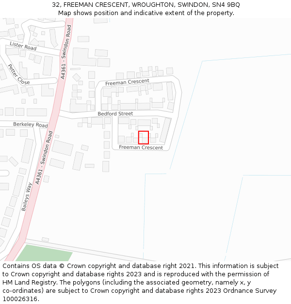 32, FREEMAN CRESCENT, WROUGHTON, SWINDON, SN4 9BQ: Location map and indicative extent of plot