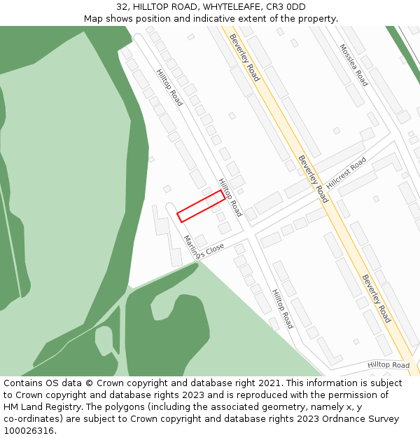 32, HILLTOP ROAD, WHYTELEAFE, CR3 0DD: Location map and indicative extent of plot