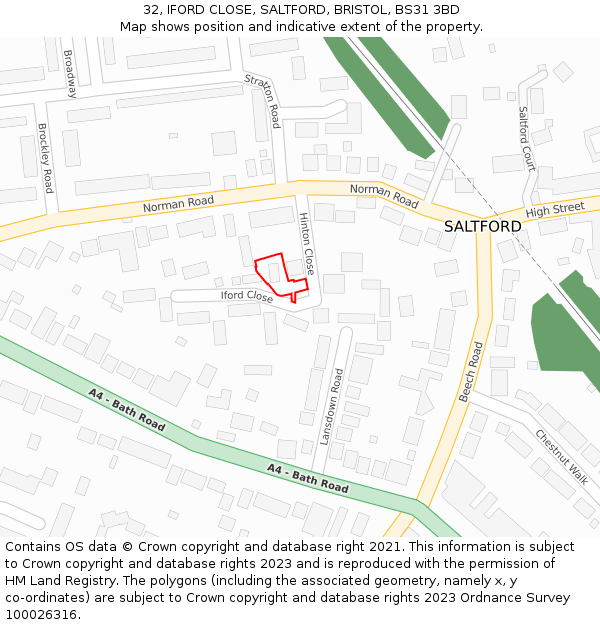32, IFORD CLOSE, SALTFORD, BRISTOL, BS31 3BD: Location map and indicative extent of plot